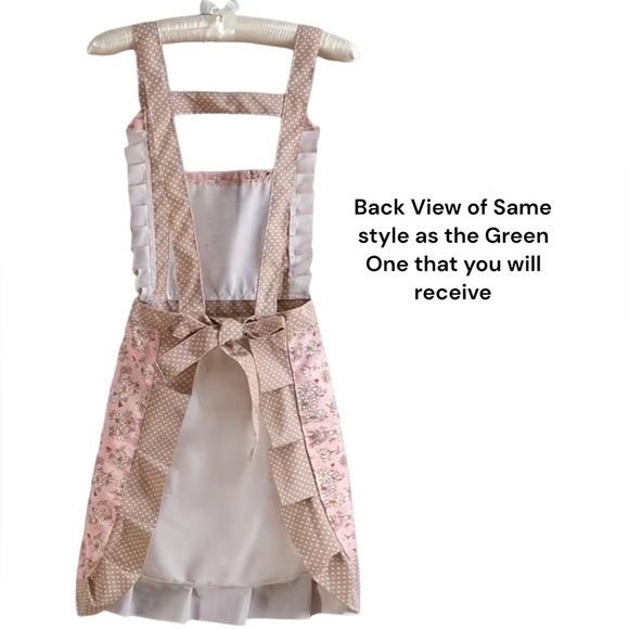 Apron Bib Sweet Vintage Retro Vibe  Pockets Waist Tie Floral Polka Dot Green - Picture 3 of 14